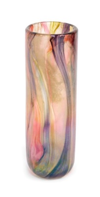 An Isle of Wight glass 'Featherscape' vase, of cylindrical form, decorated with flashes of pink, green and blue, bearing label, 28cm high.