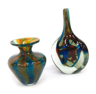 Two pieces of Mdina glass, of cylindrical tapering form with flared neck, decorated in alternating colours of turquoise and brown, 13cm high, together with a fish head vase, similar colour way, indistinctly signed, 21cm high.