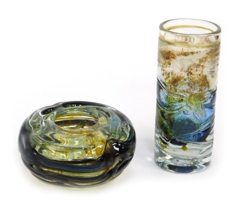 An Isle of Wight glass vase, of cylindrical form, possibly Azurene pattern, graduated yellow, green and blue colourway, 16cm high, together with a Mdina glass ashtray or bowl, of circular tapering form, decorated in flashed of blue and green, 12cm diamete