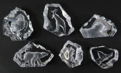 A group of Mats Jonasson glass paperweights, varying designs, to include elephant, kiwi bird, butterfly, squirrel, fox cub, together with a Nybro Swedish paperweight, decorated with two Viking long boats, 12cm high. - 2