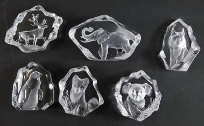 A group of Mats Jonasson glass paperweights, varying designs, to include elephant, kiwi bird, butterfly, squirrel, fox cub, together with a Nybro Swedish paperweight, decorated with two Viking long boats, 12cm high. - 3