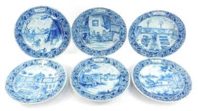 A set of six Delft blue and white month plates, comprising January to June, initialled verso H S, 24.5cm diameter.