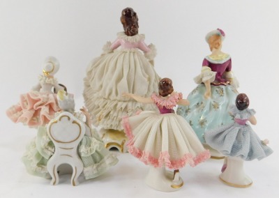 A group of Continental porcelain crinoline figures, to include Dresden, the largest 16cm high. - 2