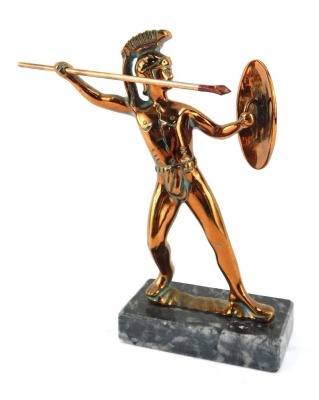 A 20thC copper figure of a Greek Warrior, holding javelin and shield, on a marble rectangular base, 21cm high.