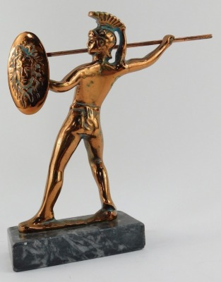 A 20thC copper figure of a Greek Warrior, holding javelin and shield, on a marble rectangular base, 21cm high. - 2