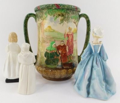 A group of ceramics, comprising a Royal Worcester porcelain figure of Grandmother's Dress, JO81, a Royal Worcester candle snuffer, modelled as a monk holding a book, a Royal Doulton figure Bedtime HN1978, and a Royal Doulton two handled vase, decorated in - 2