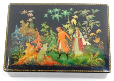 A mid century Russian lacquered box, decorated with a scene depicting figures and dog, within woodland scene, signed T. Kobaeba, No 3769, dated 1961, 17.5cm diameter. - 2