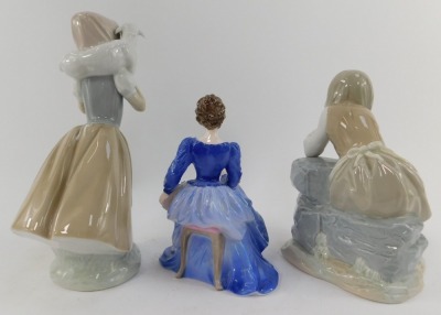 Two Nao porcelain figures, modelled as a young girl seated beside fallen milk pail, 20cm high, and girl with lamb on shoulders, 25.5cm high, together with a Coalport porcelain figure modelled as Rosemary, from The Ladies of Fashion Series. (3) - 2