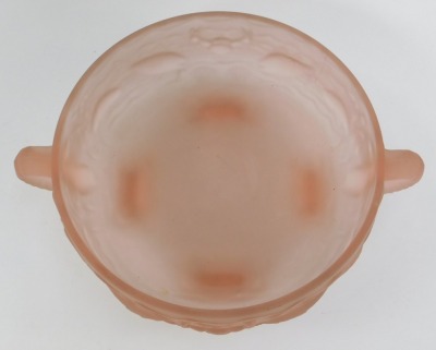 A pink frosted glass two handled bowl, relief moulded with fish, crustaceans, etc, on four tapering feet, 10cm high, the bowl 23.5cm diameter. - 2