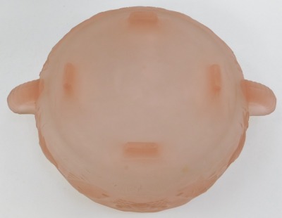 A pink frosted glass two handled bowl, relief moulded with fish, crustaceans, etc, on four tapering feet, 10cm high, the bowl 23.5cm diameter. - 3