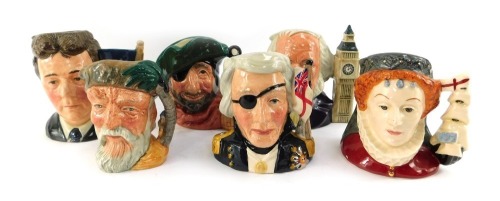 Six Royal Doulton character jugs, comprising John Doulton D6656, Michael Doulton D6808, Queen Elizabeth D6821, Nelson D6963, Smuggler D6619, and Robinson Crusoe D6539.