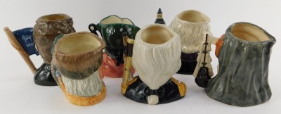 Six Royal Doulton character jugs, comprising John Doulton D6656, Michael Doulton D6808, Queen Elizabeth D6821, Nelson D6963, Smuggler D6619, and Robinson Crusoe D6539. - 2