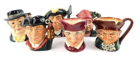 Six Royal Doulton character jugs, comprising Night Watchman D6576, Guardman, Mr Pickwick D7025, The Lumberjack D6613, and two further examples.