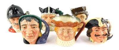 Six Royal Doulton character jugs, comprising Fortune Teller D6503, The Master D6898, Viking D6502, Captain Henry Morgan D6469, and two further examples.