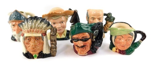 Six Royal Doulton character jugs, comprising Don Quixote D6460, Huckleberry Finn D7177, George Tinworth D7000, Sairey Gamp D5451, North American Indian D6614, and Dick Turpin D6535.