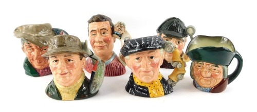 Six Royal Doulton character jugs, comprising Pearly King D6844, The Angler D6866, Toby Philpotts, The Jug Collector D7147, The Sleuth D6635, and The Poacher D6464.