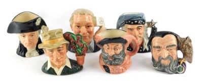 Six Royal Doulton character jugs, comprising Merlin D6536, The Figure Collector D7156, The Gardener D6868, Falstaff D6385, The Wizard D6909, and George Washing D6824.