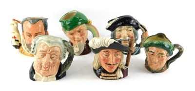 Six Royal Doulton character jugs, comprising Aramis D6454, Sancho Panza, The Lawyer D6504, King Philip II of Spain D6822, Old Mae, and Leprechaun.