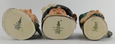 Six Royal Doulton character jugs, comprising Aramis D6454, Sancho Panza, The Lawyer D6504, King Philip II of Spain D6822, Old Mae, and Leprechaun. - 4