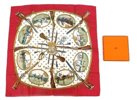 A Hermes silk scarf, La Chas A Tir, designed by Ledoux, 90cm x 87cm, boxed.