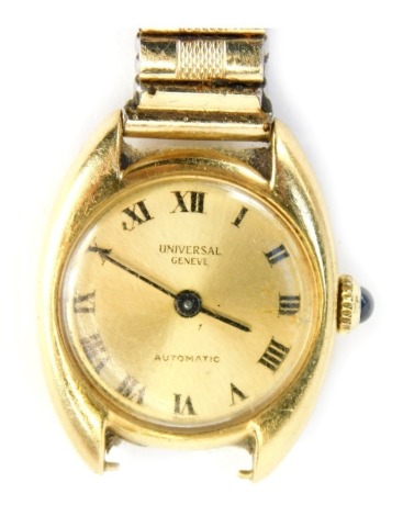 A Universal Geneva lady's wristwatch, with a yellow gold watch head, unmarked, with outer Roman numeric border, automatic movement, on a plated strap, 18.7g all in. (AF)