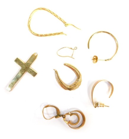 A group of assorted 9ct gold and other earrings, comprising crucifix, single hoops, plated hoops, etc., 5.5g all in. (a quantity, AF)