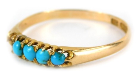 A 15ct gold turquoise dress ring, design set with five turquoise stones, each in claw setting, one missing, on plain band, ring size T½, 2.1g all in.