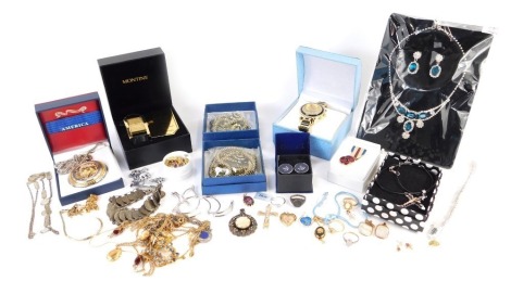 A group of assorted costume jewellery, comprising Strada, Montine and America wristwatches, decorative pocket watch, necklaces, rings, dress rings, pendants, etc. (1 tray)