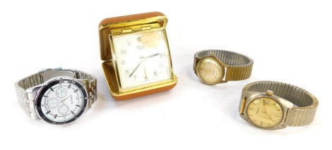 A quantity of watches, comprising a Maltiva automatic gent's wristwatch, a Trafalgar gent's wristwatch, a Pilot travel clock, and a Strada gent's chronograph wristwatch. (4)