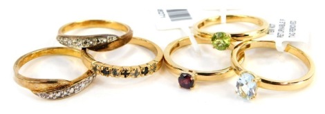 Six dress rings, each stone set, with gold finish, stamped 925, with one pouch. (6)