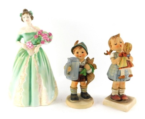 A Royal Doulton porcelain figure modelled as Happy Birthday, HN3660, together with two Goebel Hummel figures, comprising For Father and Kiss Me. (3)