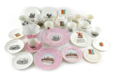 A group of Peterborough and local area related commemorative wares, to include cup depicting Peterborough Cathedral, mugs, City of Peterborough teapot, Peterborough 1837-1888 Jubilee Queen Victoria mug, various dishes, plates, mugs, etc. (1 tray)