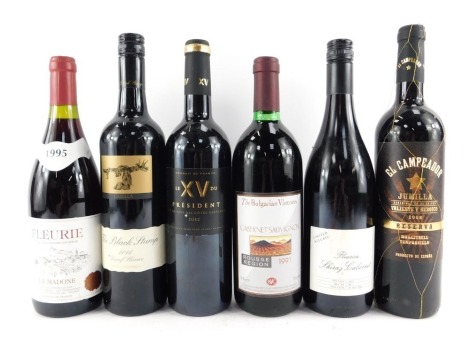 Six bottles of red wine, comprising La Madone 1995, El Campeador 2008, The Bulgarian Vintners 1991, Casella The Black Stump 2014, Fleurieu Shiraz Cabernet 2013, and President 2012.