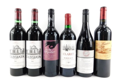 Six bottles of red wine, comprising Bordeaux Claret, The Hundred Cabernet Sauvignon 2004, Langhorne Creek 2016 Shiraz, La Rossler 2012, and two bottles of Colegiata Tinto 1986.