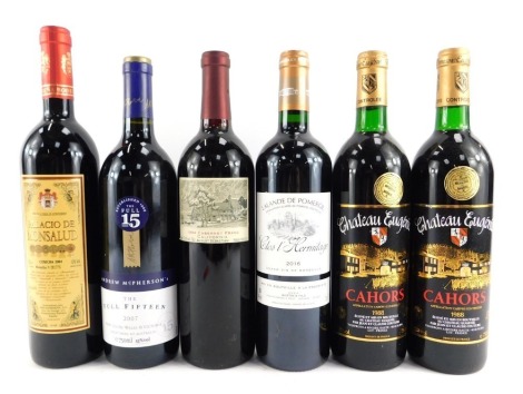 Six bottles of red wine, comprising Chateau Eugenie Cahors 1988 (x2), Clos L-Hermitage 2016, Palacio de Monsalud 2001, August Sebastiani Cabernet Franc 1944, and Andrew McPherson The Full Fifteen 2007.