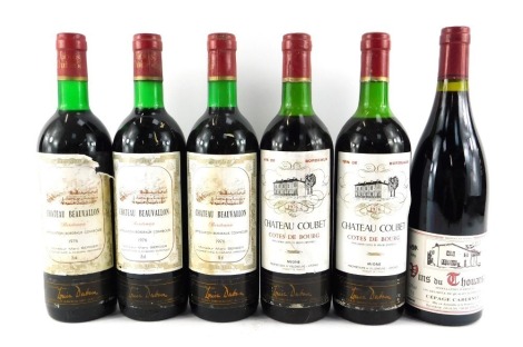 Six bottles of vintage red wine, comprising Chateau Beauvallon Bordeaux 1976 (x3), Chateau Coubet 1976 (x2), and Vuns du Thouarsais 1996.