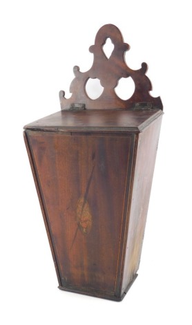 A 19thC mahogany candle box, of square tapering form with pierced back plate, the front inlaid with an oval cartouche, depicting a vase and flowers, the hinged lid enclosing a vacant interior, 44cm high.