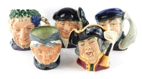 Five Royal Doulton character jugs, comprising Captain Ahab D6506, Lobster Man D6620, Bacchus D6505, Town Crier D6537, and Granny D6384.