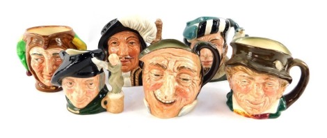 Six Royal Doulton character jugs, comprising Jester, Paddy, The Falconer D6540, Athos D6452, Tam O'Shanter D6640, and another.