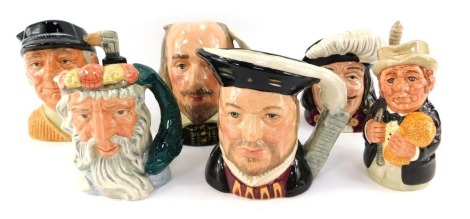 Six Royal Doulton character jugs, comprising Henry VIII D6647, Shakespeare D6938, Mr Furrow The Farmer D6701, Golfer D6756, Porthos D6453, and Neptune D6552.