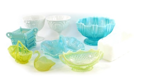 A group of glass ware, to include a blue Vaseline glass bowl, 22cm diameter, a two section dish, 20cm wide, a pair of moulded glass goblets for the Marquis and Marchioness of Lorne, etc. (1 tray)