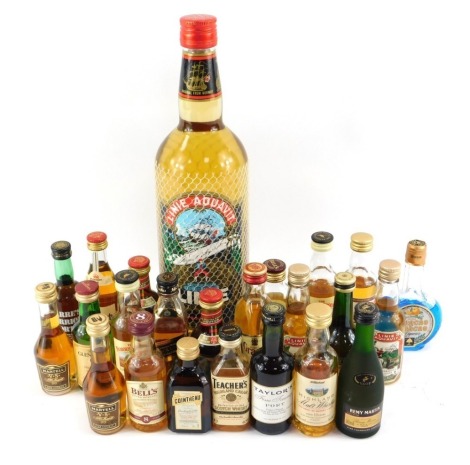 A group of alcohol miniatures, to include Famous Grouse Whiskey, Martell Cognac, Cointreau, Dambruie, Taylors Port, together with a bottle of Linie Aquaveit. (a quantity)