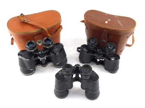 Three pairs of binoculars, comprising Super Regent 8x40, Boots 10x50, cased, together with Boots 80x30 field binocular, cased.