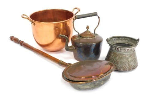 A group of copper ware, to include a two handle bowl, 33cm wide, warming pan, kettle, etc. (a quantity)