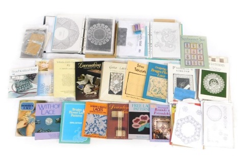 A group of lace making related items, to include books, Withof lace, Downton lace, three lace patterns, further lace patterns, etc. (1 box)