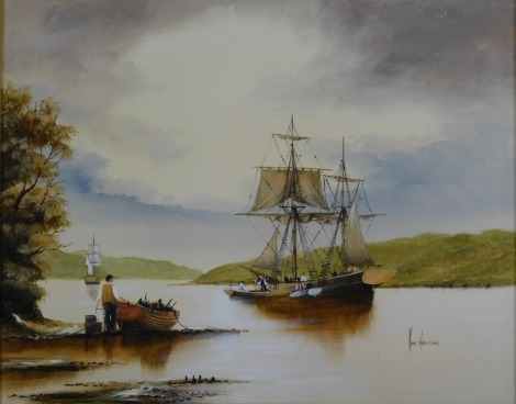 Ken Hammond (b.1948). Lake scene depicting figures before masted ship, oil on canvas, signed, 42cm x 49cm.