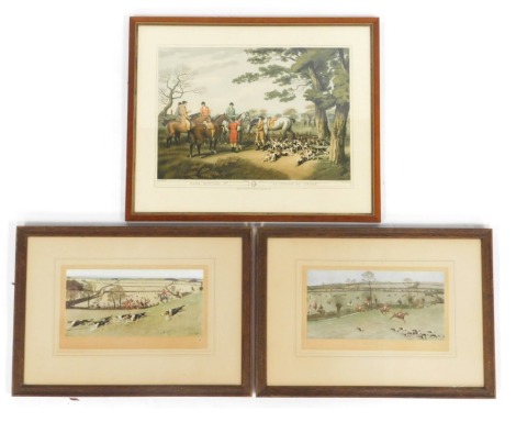 A group of hunting related prints, comprising After Cecil Aldin. The Quorn from Billesdon Coplow, colour print, 14cm x 30cm, and The Warwickshire Away from Watergall, 14.5cm x 30cm, and After Samuel Howitt. Hare Hunting II, colour print, 32cm x 41cm. (3)