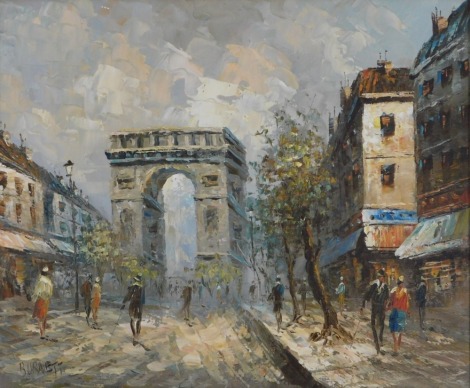 Burnett (20thC School). Parisian Street scene depicting Arc De Triomphe, oil on board, signed, 52cm x 59cm.