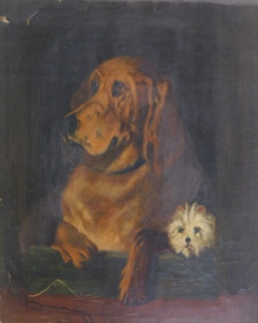 Late 19thC/Early 20thC School. Study of two dogs, Bloodhound and West Highland Terrier, seated on a cushion, oil on canvas, unsigned, 50cm x 38cm.