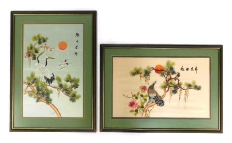 Two Chinese silk work embroideries, depicting birds on flowering branch, 35cm x 54cm, and Cranes on branches, 53cm x 35cm.